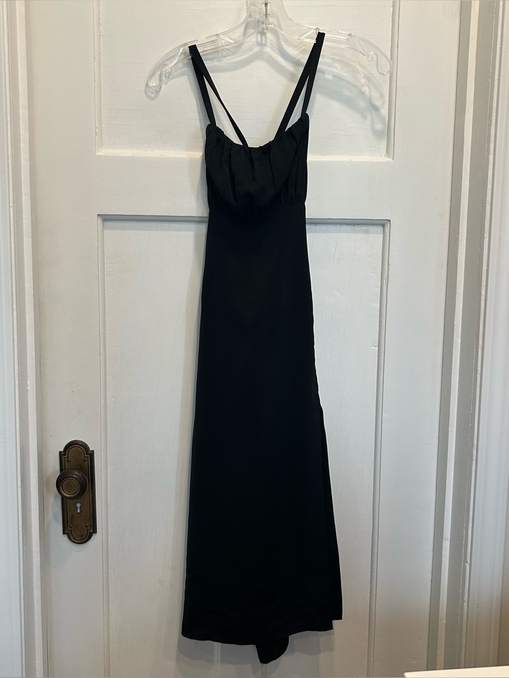 Abercrombie & Fitch Ruched Black Strappy Back Midi Dress with Side Slit - Picture 7 of 11